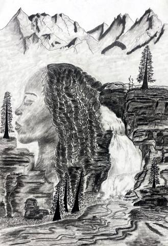 This piece reflects how femininity binds into nature and how natural womanly features can blend into the wilderness from the bottom of her chin, to her defined jawline down to her passion twists flowing into the river, just takes you into a heartfelt connection about how a random forest can resemble human nature. The woman's physique in general took me a little longer to process than just drawing a man walking down the street, her melanin her nose, her soft baby hairs, they all connect into one portrait.