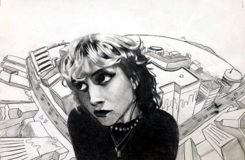 A self portrait of the artist from a high down-angle in front of a fish eyed city scape background, completed in black charcoal on a white background. 