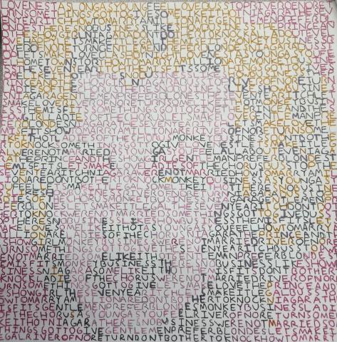 It is an image of Marilyn Monroe, created by using the titles of some of her films. The artist highlighted the words using sharpies and colored pens, mostly pink colors with black, grey, and yellow.